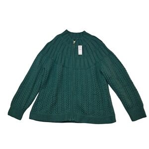 NWT Talbots Mixed Stitch Cardigan Women's 1X Petite Green Zip Up Mock Neck Cozy